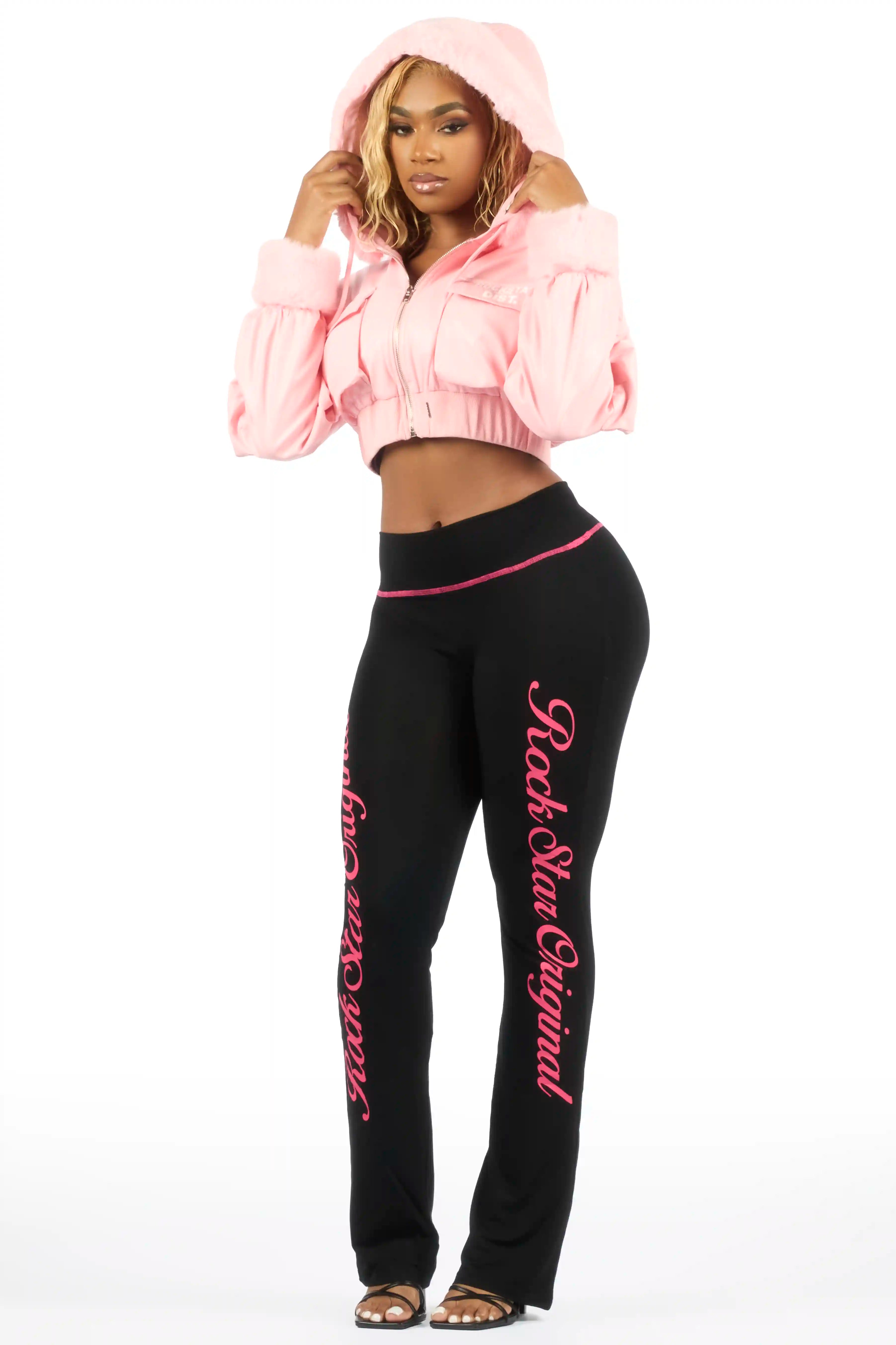 Amyia Pink PU Jacket With Fur Hood