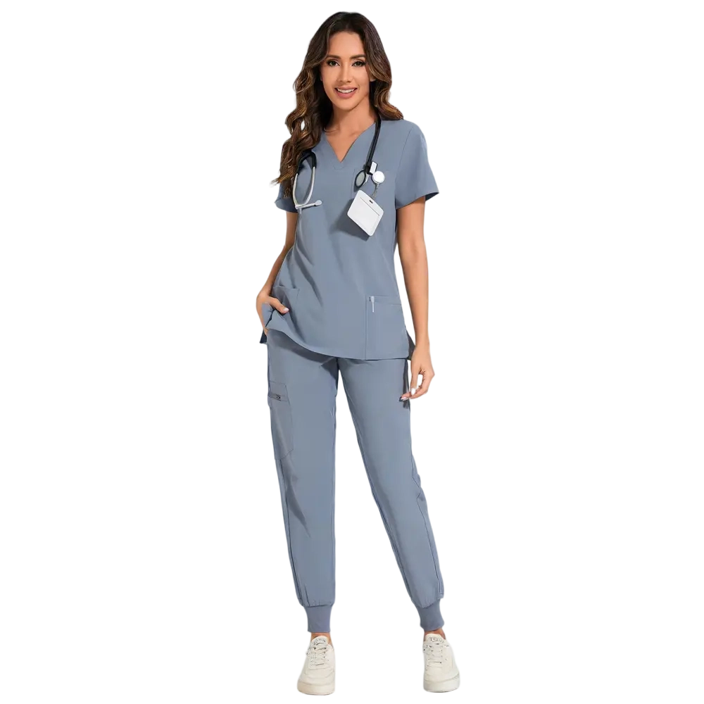 Women Stretch V-Neck Scrub Top & Jogger Pant Set   with 8 Pockets