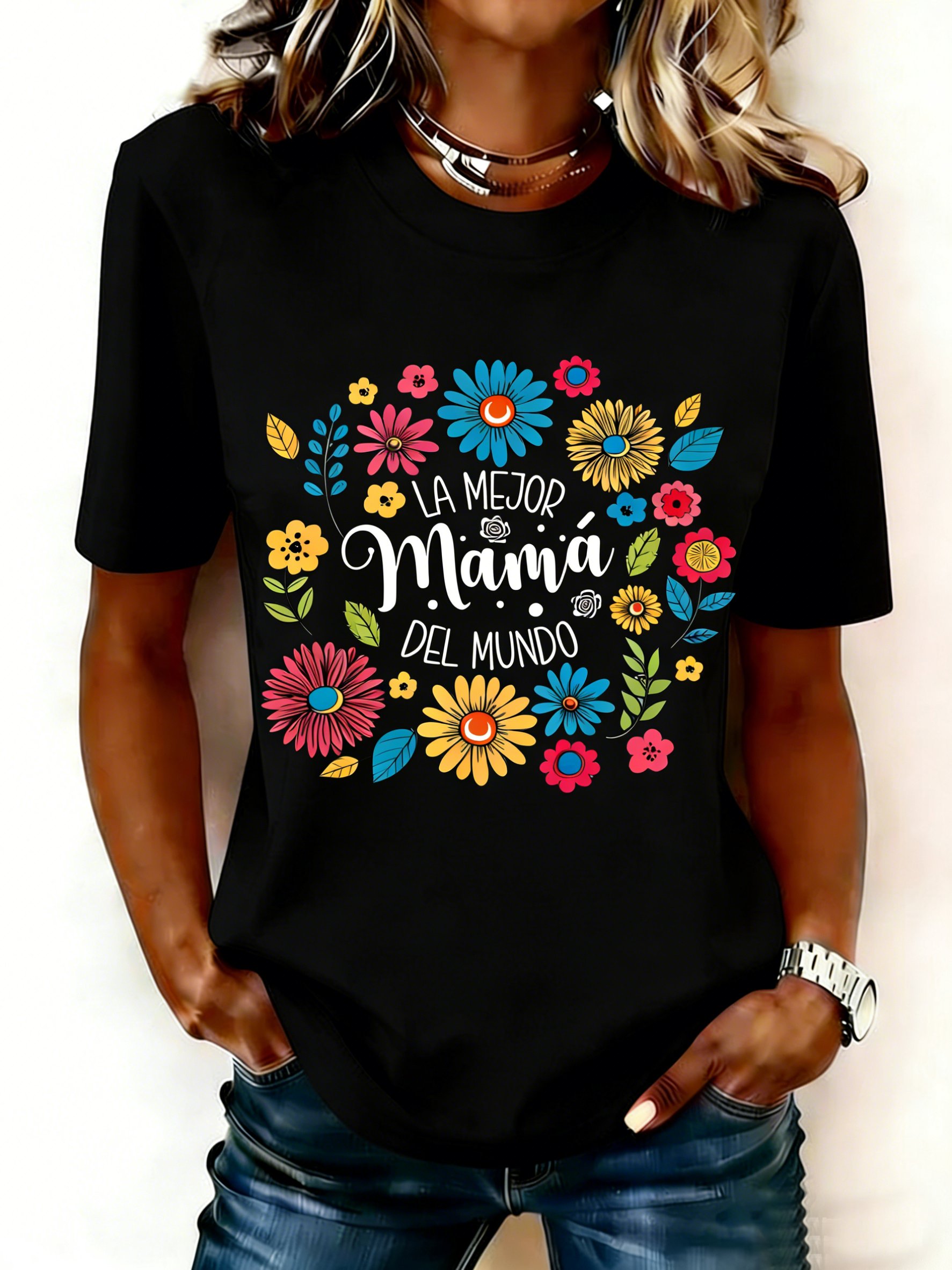 Mother's Day Letter Pattern Floral Short Sleeve Round Neck Loose  Casual T-Shirt