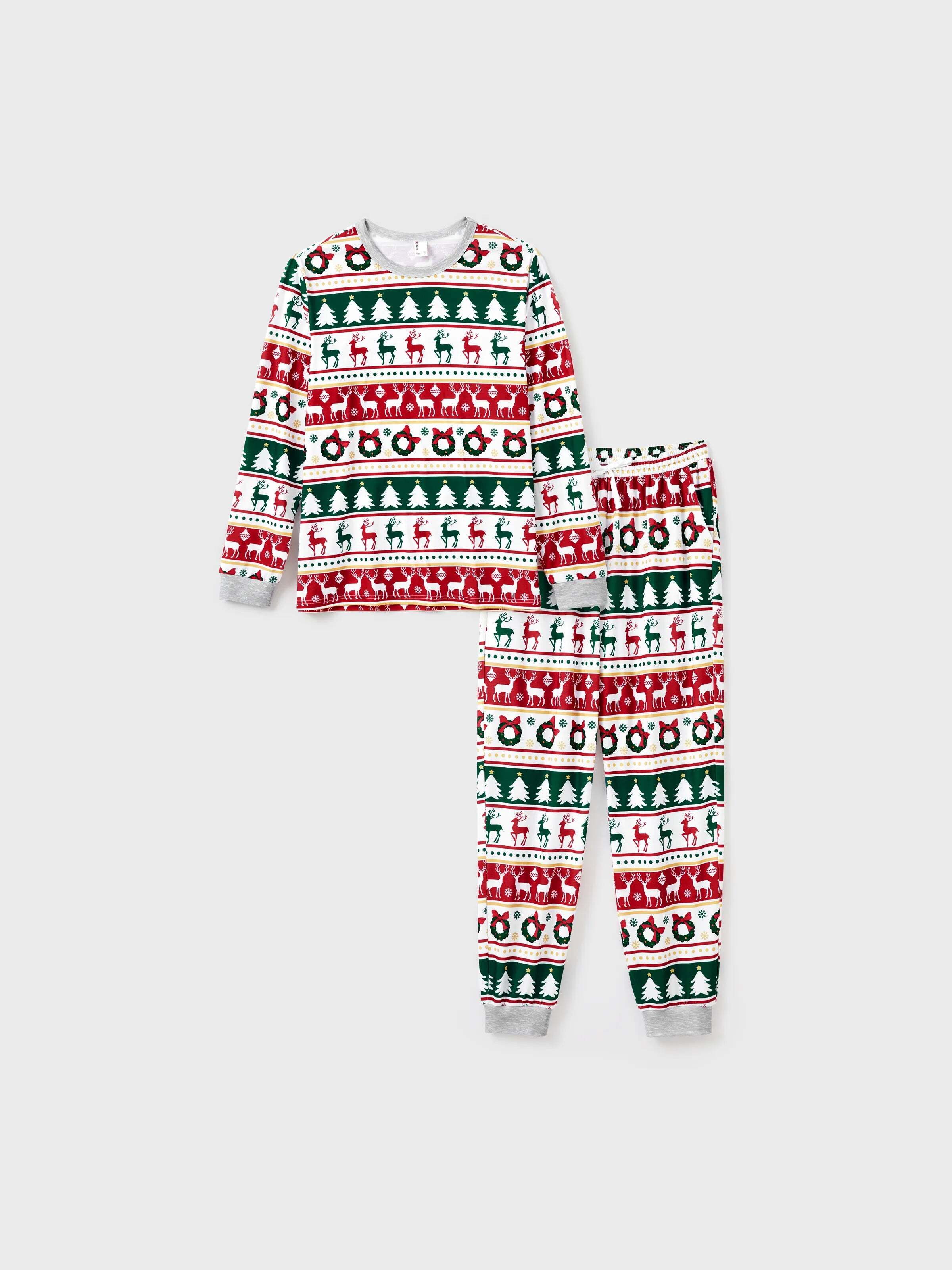 Christmas Pajamas Family Matching Allover Reindeer/Xmas Tree Pattern PJs Sets with Christmas Socks ColorBlock