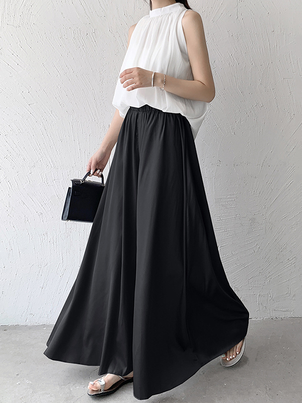 Elasticity Pleated Solid Color High Waisted Loose Pants Culotte
