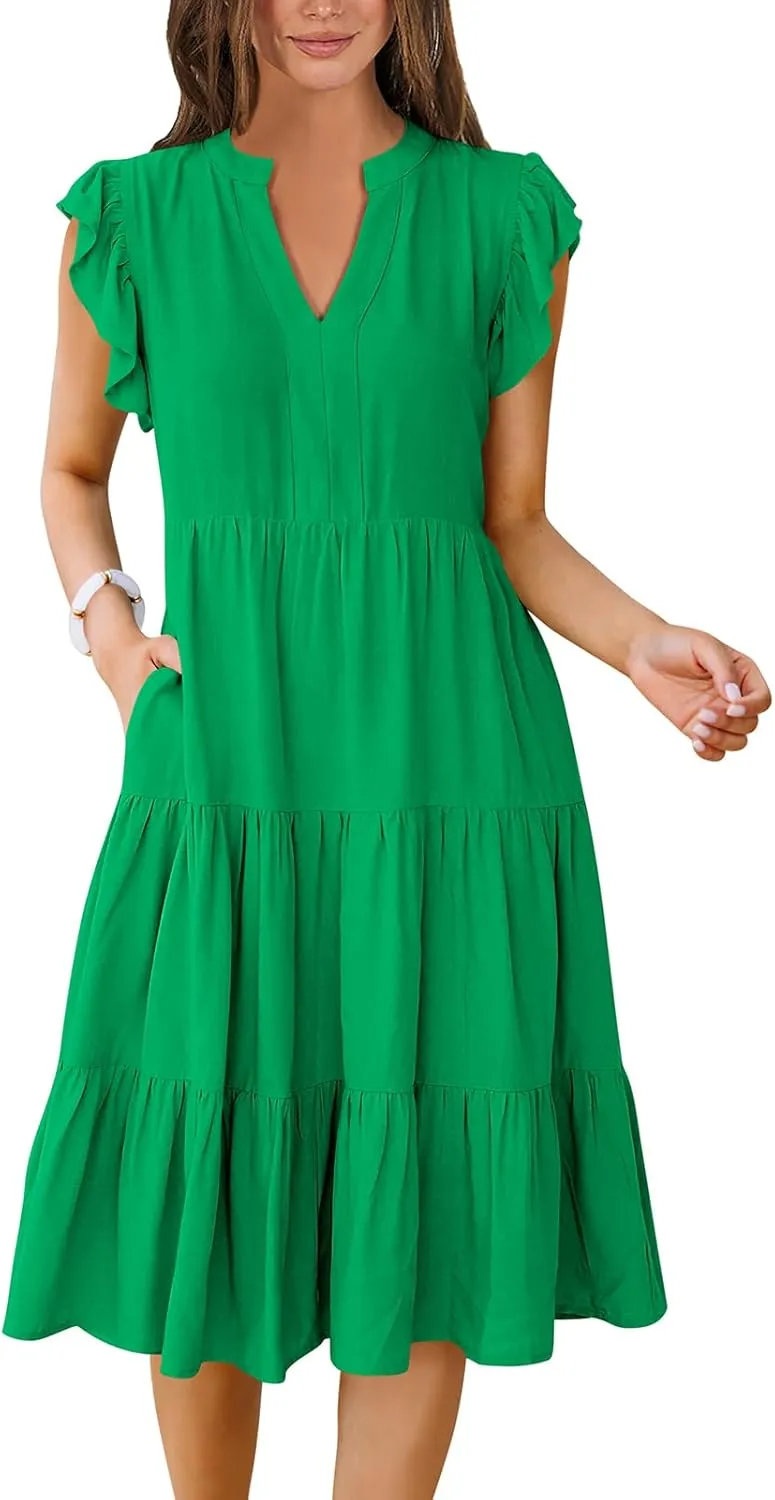 Women's Ruffle Sleeve V-Neck Tiered Midi Dress
