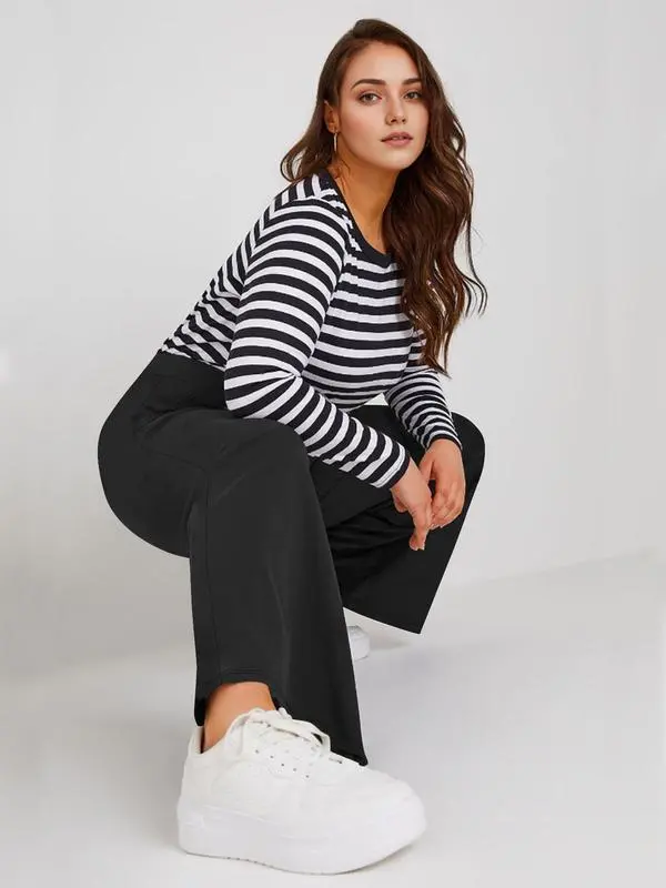 [Plus Size] Solid Color High Waist Straight Leg Pants, Casual Comfy Pocket Trousers for Daily Wear