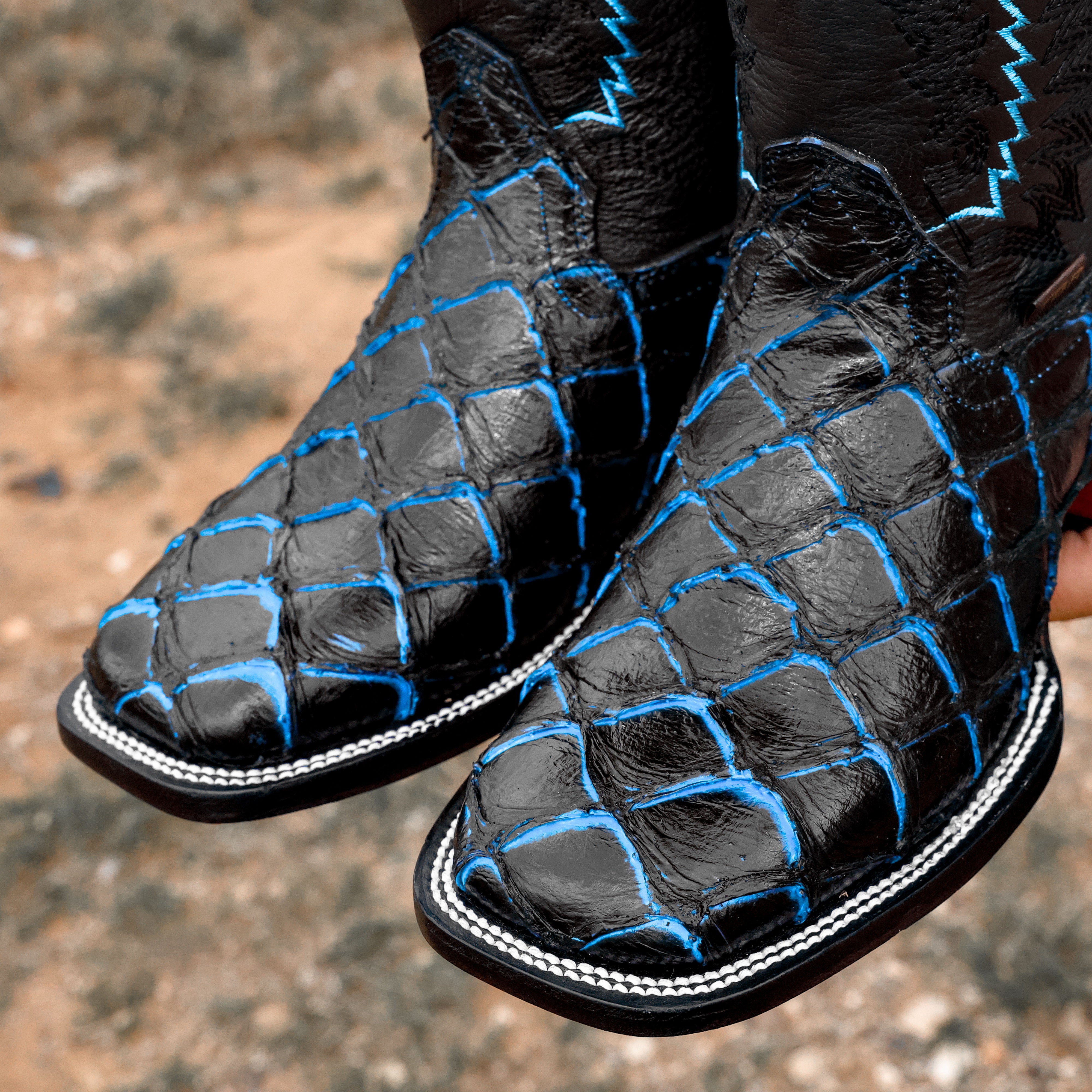 Midnight Blue Pirarucu Leather Boots - Square Toe