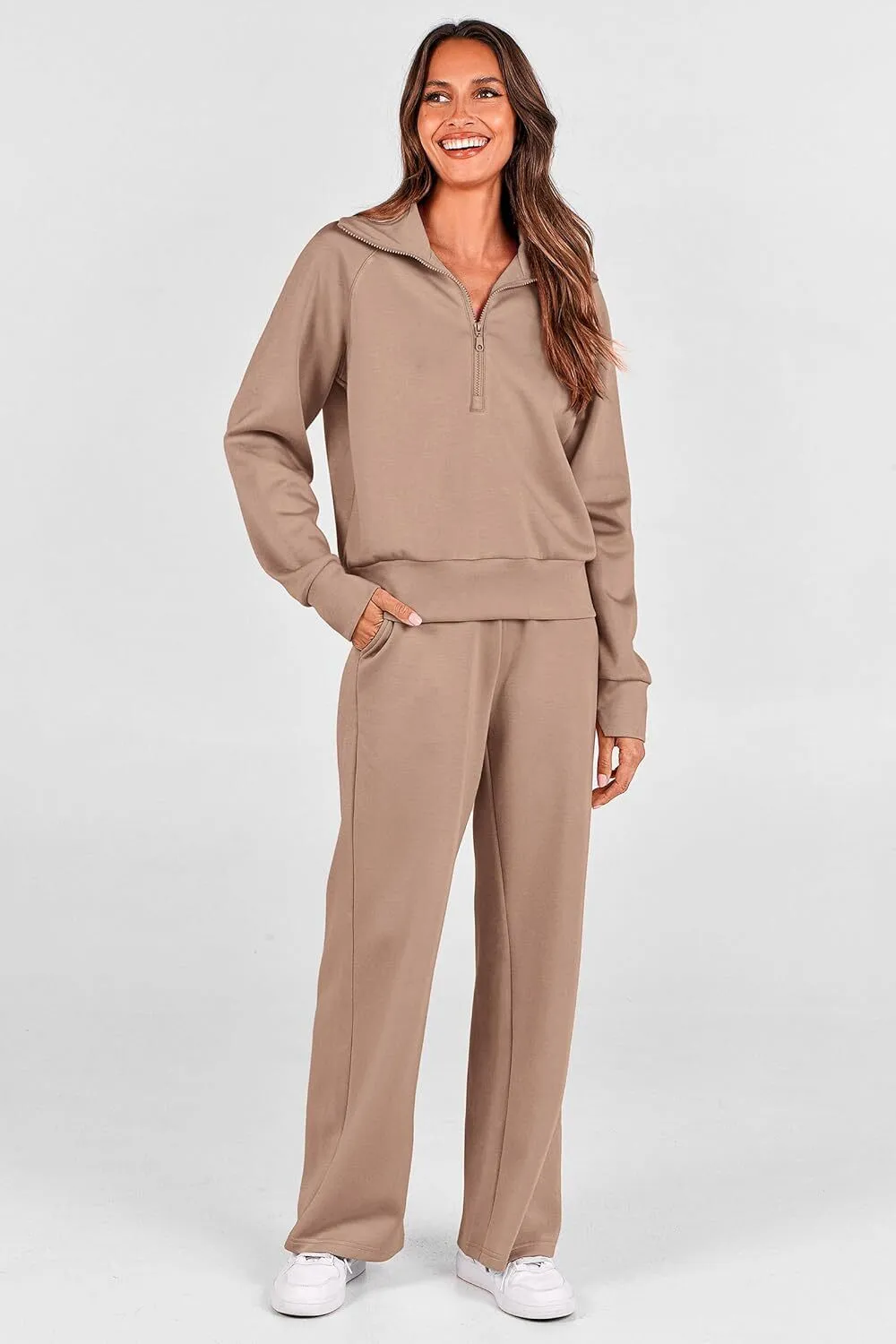 🔥Final Day Clearance!🛒Women's 2 Piece Outfits Casual Lapel Half Zip Sweatshirts And Wide Leg Pants Tracksuit Sets