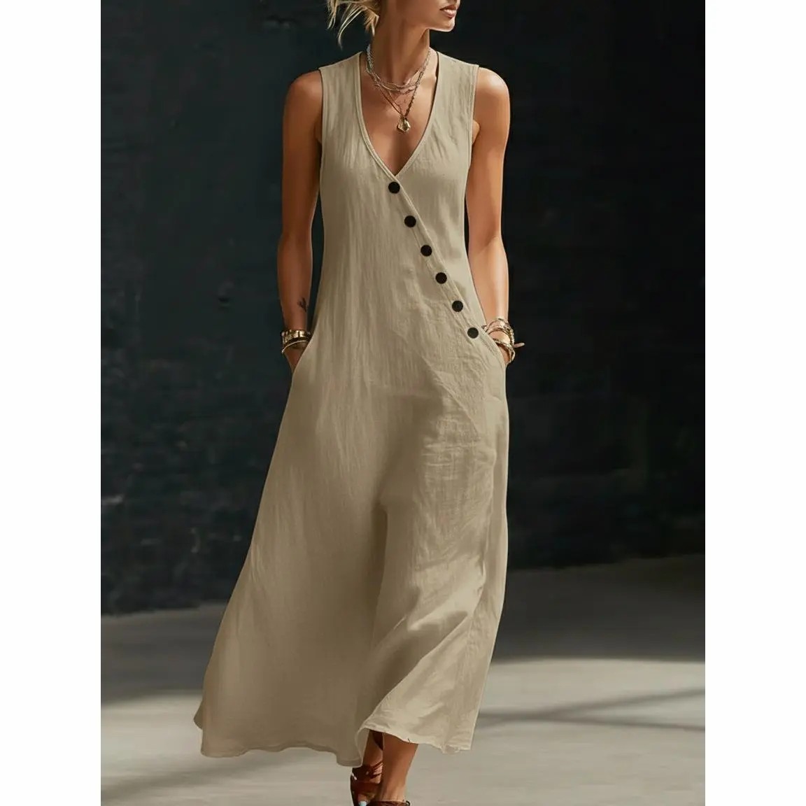 Women’s Sleeveless Linen Maxi Dress – V-Neck Button Detail with Pockets