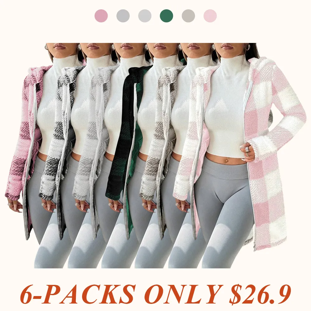 Women's Plaid Fleece Long Sleeve Hooded Coat