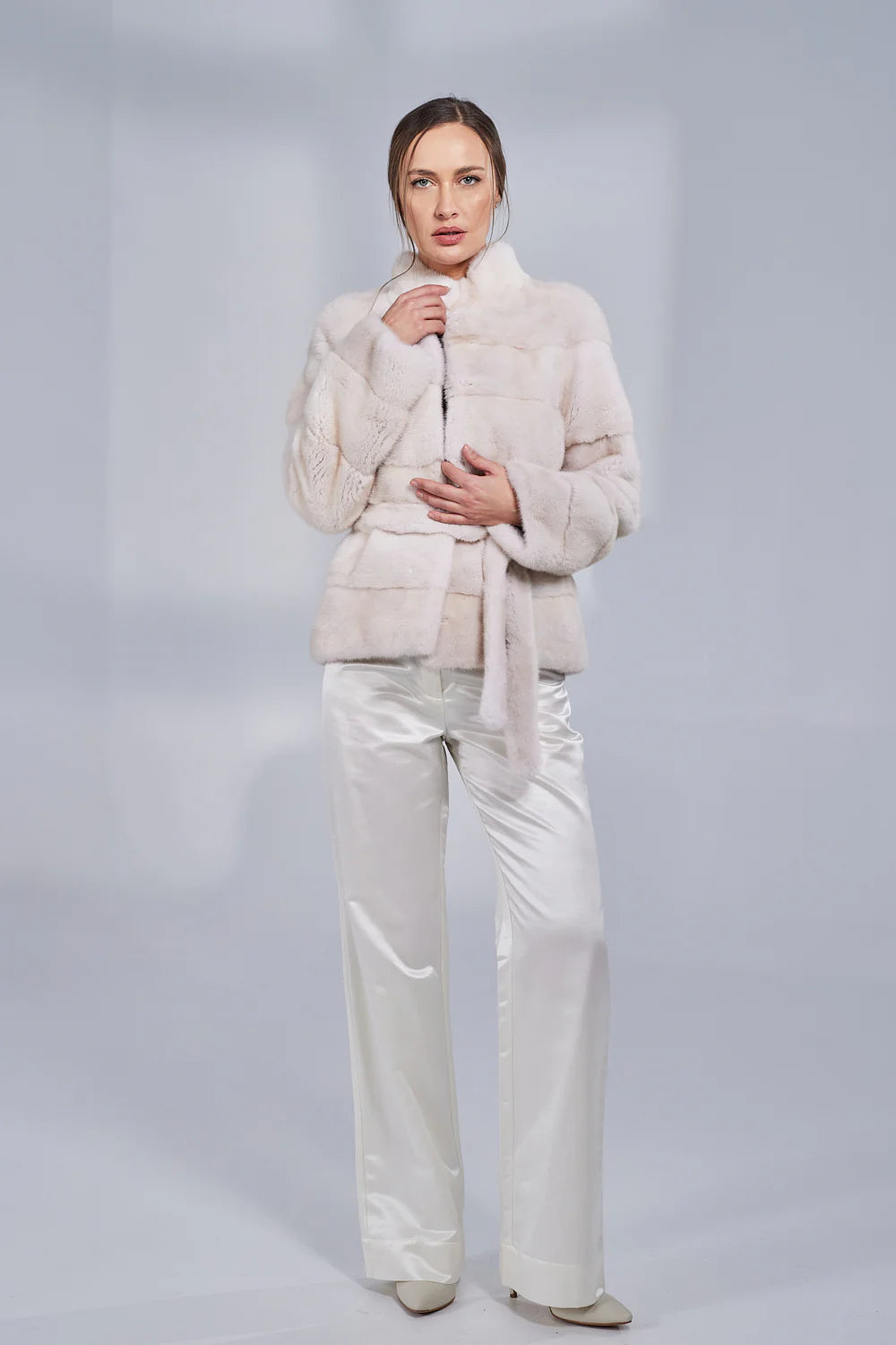 Haină din Blană Naturală de Vizon, cu Cordon, Femei, Pearl 193