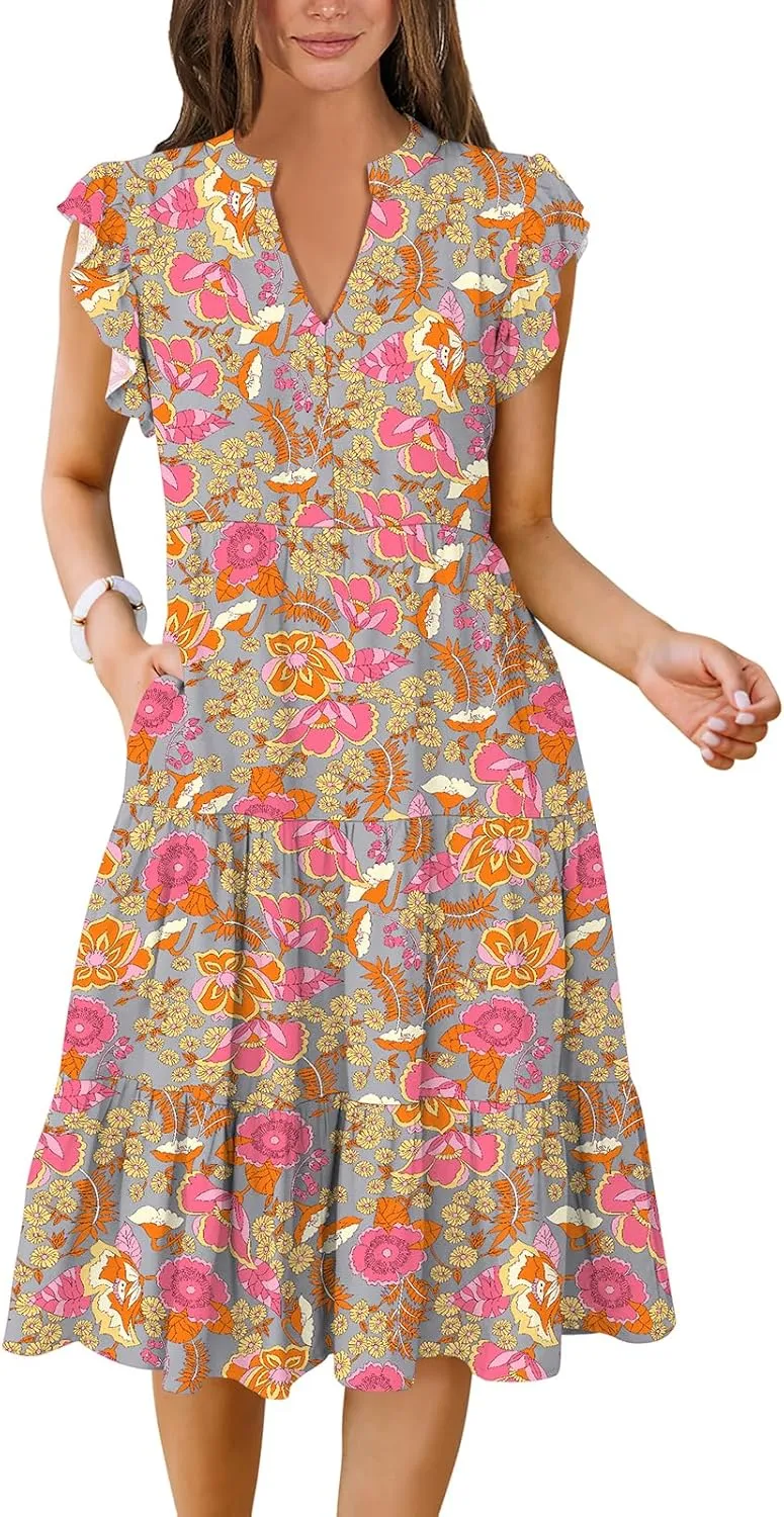 Women's Ruffle Sleeve V-Neck Tiered Midi Dress