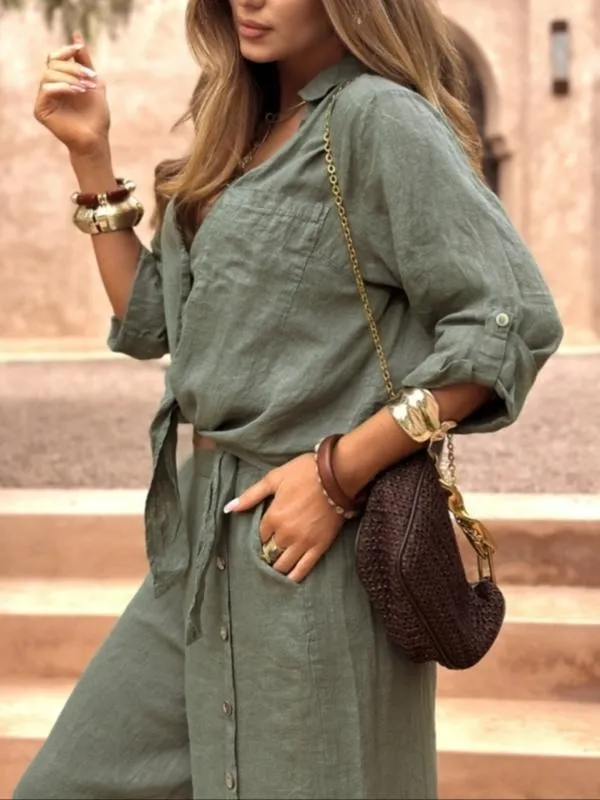 Women's Long Sleeve Loose Fit Shirt Set with Tie Hem, Single Button Decorated Wide Leg Pants