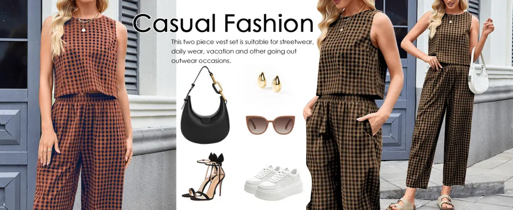 Women's Plaid Print Tank Top & Pants Two-piece Set