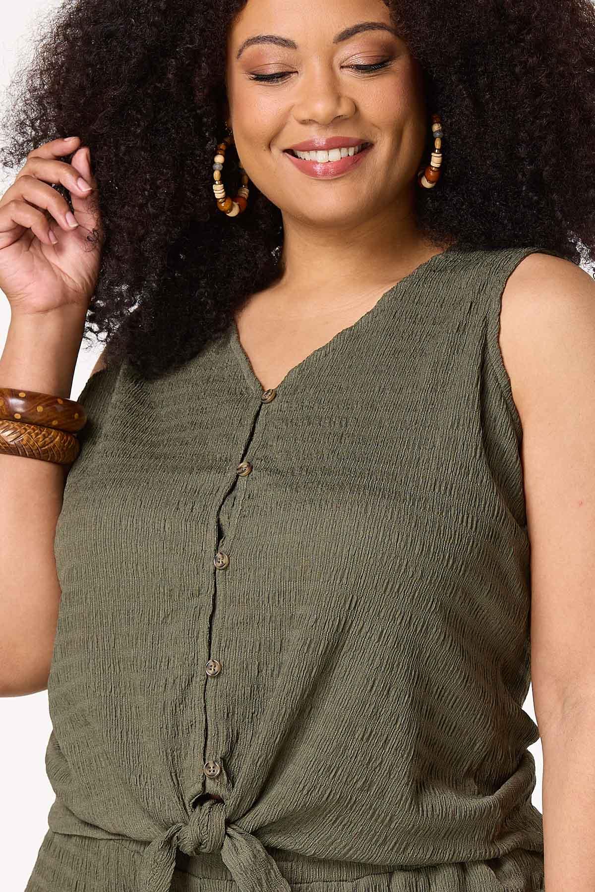 Plus Size Textured Button Tie Hem Tank