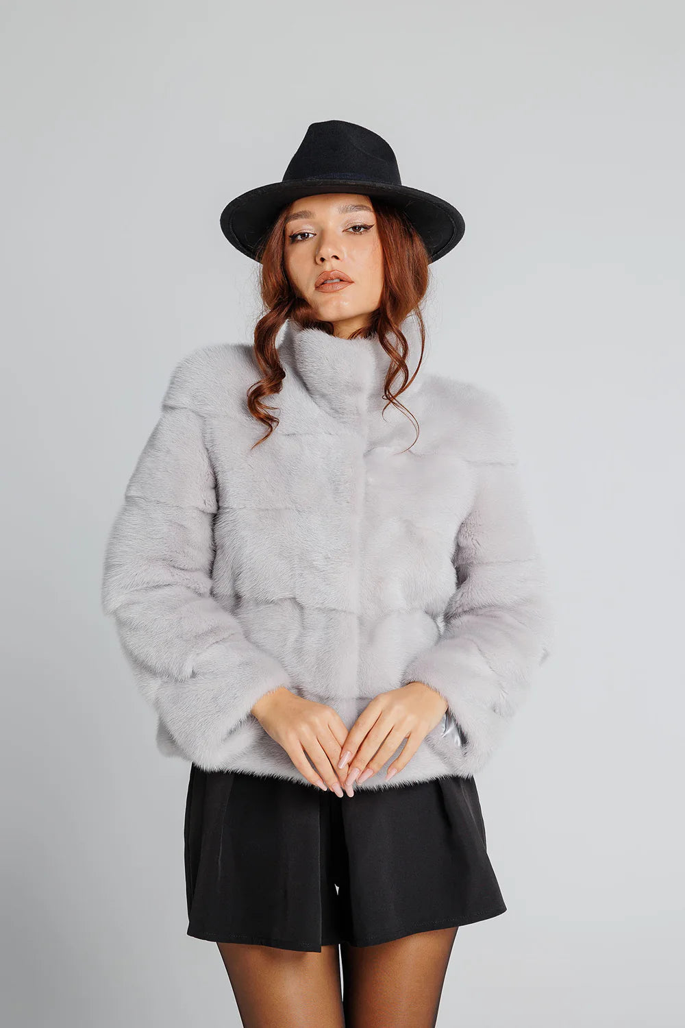 Haina din Blană Naturală de Vizon, Short, Femei, Liliac Grey 344