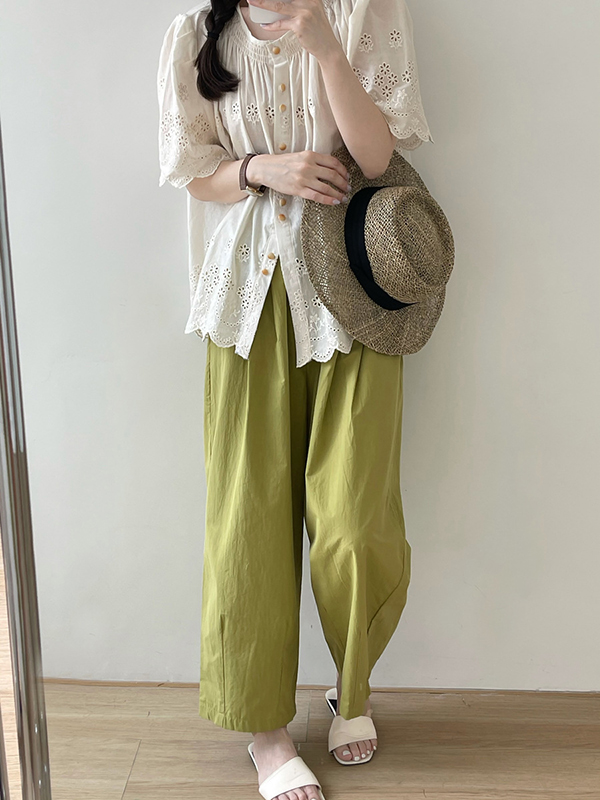Elasticity Pleated Solid Color Split-Joint High Waisted Loose Trousers Pants