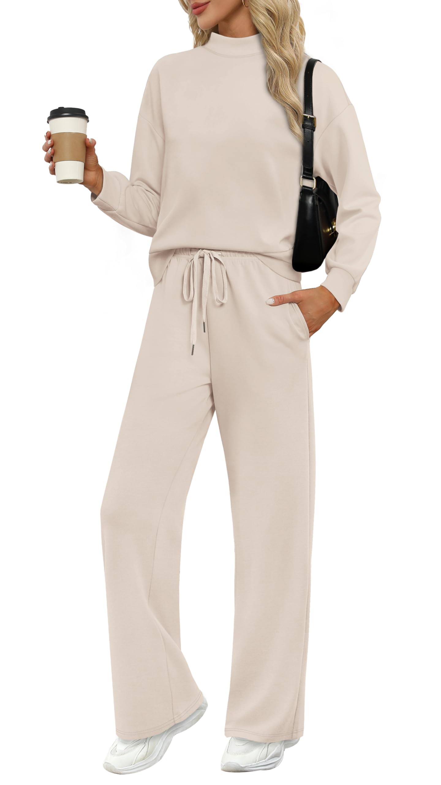 WIHOLL Two Piece Sets for Women Fall Outfits Lounge Sets Mock Neck Tops Wide Leg Pants Vacation Travel Airport Outfits