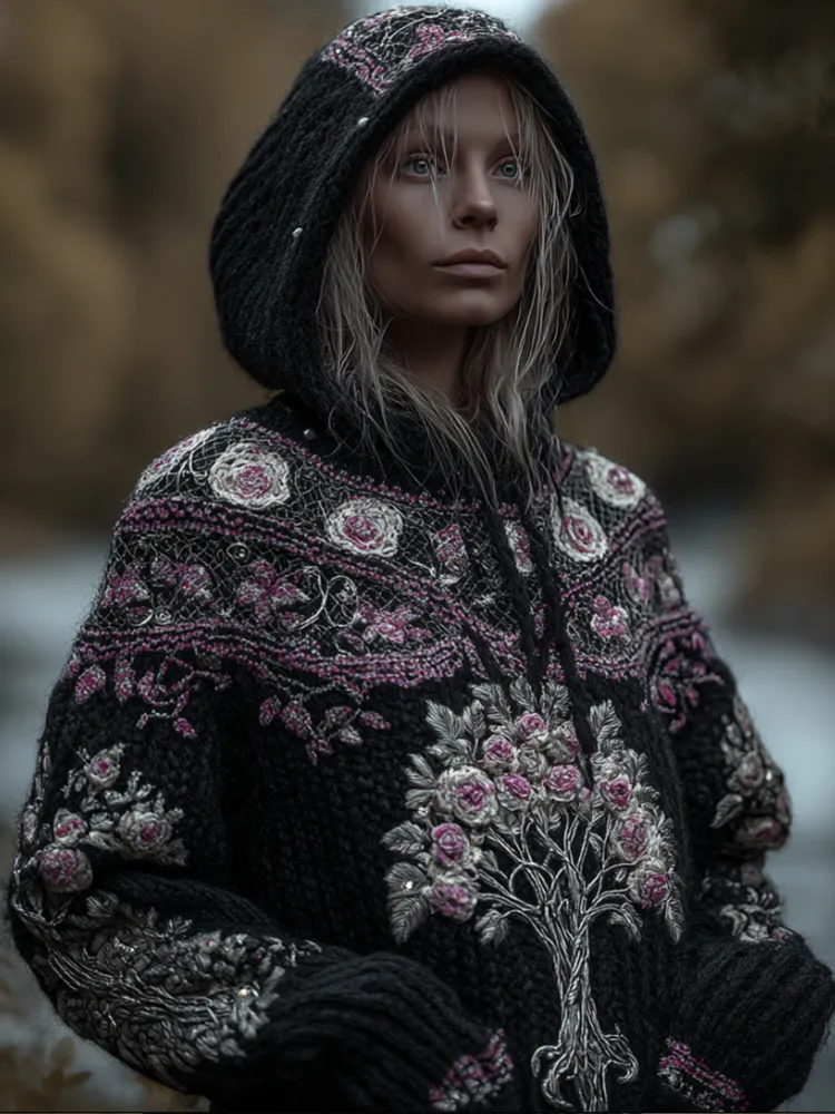 Women's Viking Style Tree Of Life And Patterned Black Warm Hooded Sweater