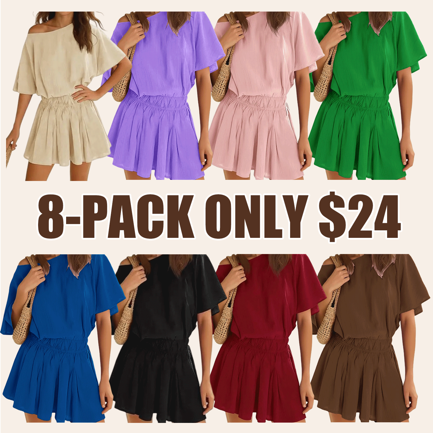 Women’s Casual 2 Piece Outfit Short Sleeve Loose Top and Flowy Mini Skirt Set