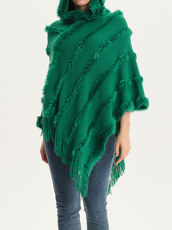 Hooded Keep Warm Solid Color Tasseled Shawl&Cloak Cape