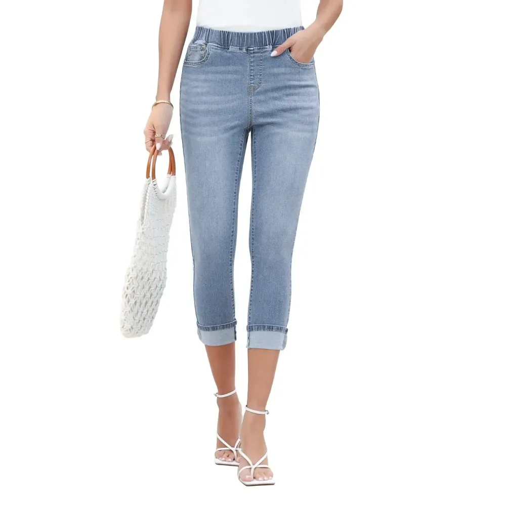 Women High Waisted Skinny Capri Pants Trendy Stretch Denim Cropped Jeans
