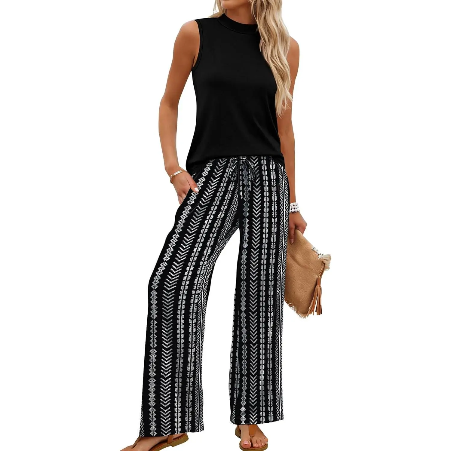 Two Piece Set for Women Summer Spring Outfits Cruise Travel Airport Beach Vacation Mock Neck Wide Leg Pants Set