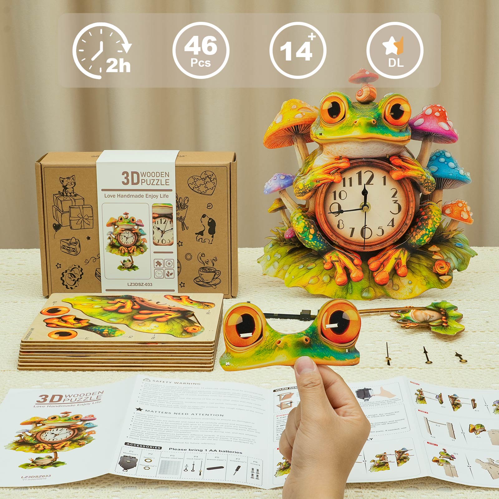 Frog– DIY Wooden Clock, 3D Puzzle Craft Kit