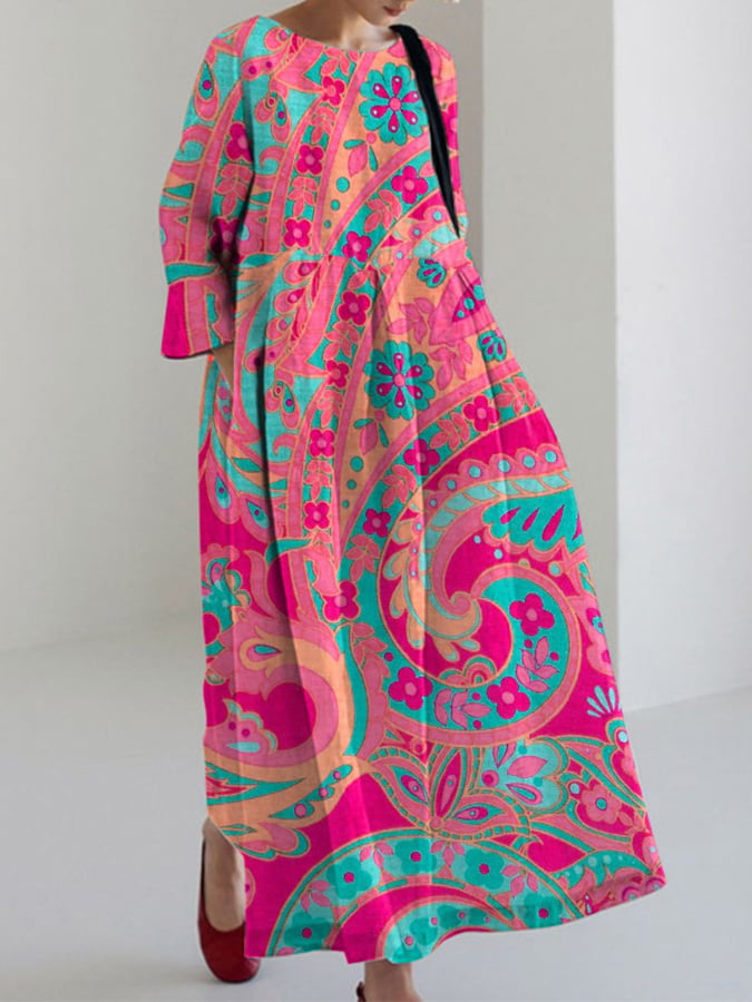 Women's casual cotton and linen floral dress- Fast Shipping