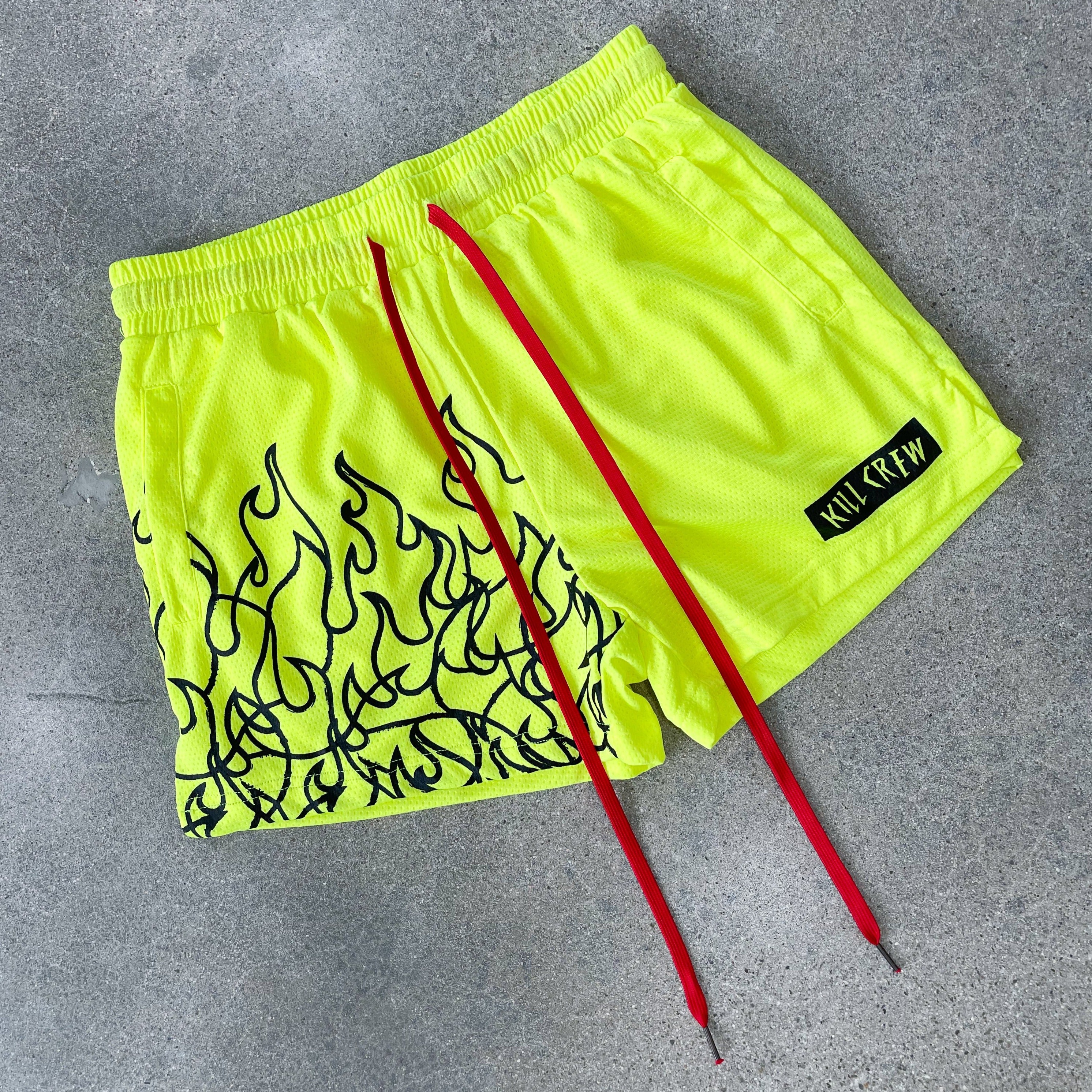 MUAY THAI FLAME SHORTS (MID THIGH CUT) - NEON YELLOW / BLACK
