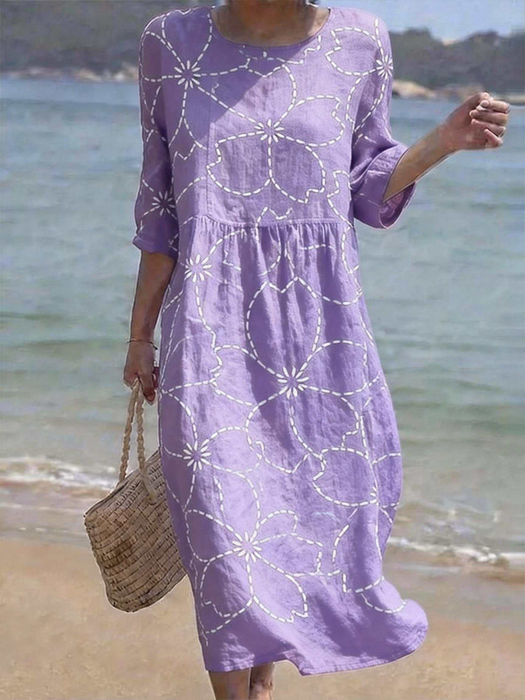 Women's Casual  Round Neck Mid Sleeve Print Cotton and Linen Dress- Fast Shipping