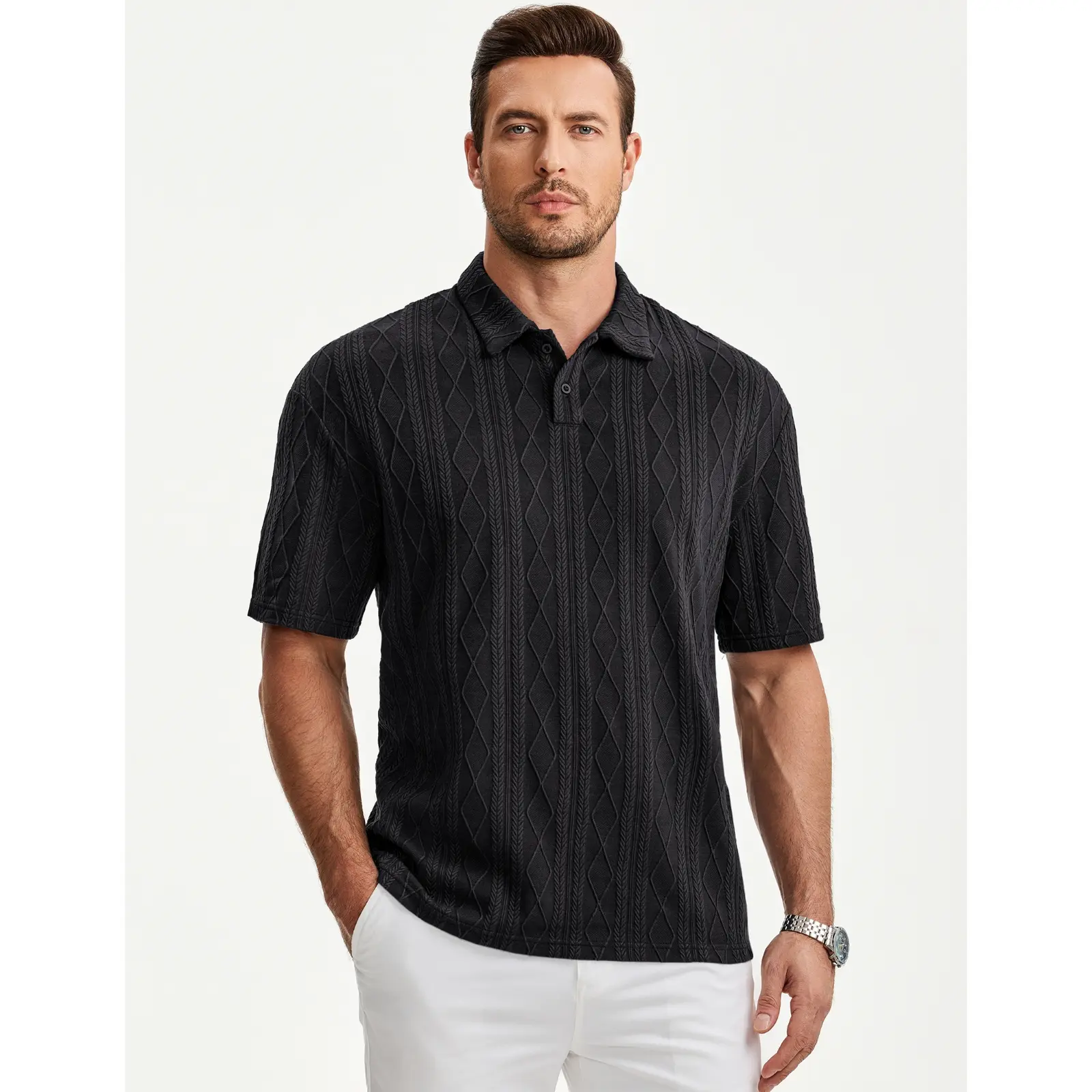 Men Casual Polo Shirt Short Sleeve Textured Beach Button Knit Stretchy Classic Shirts