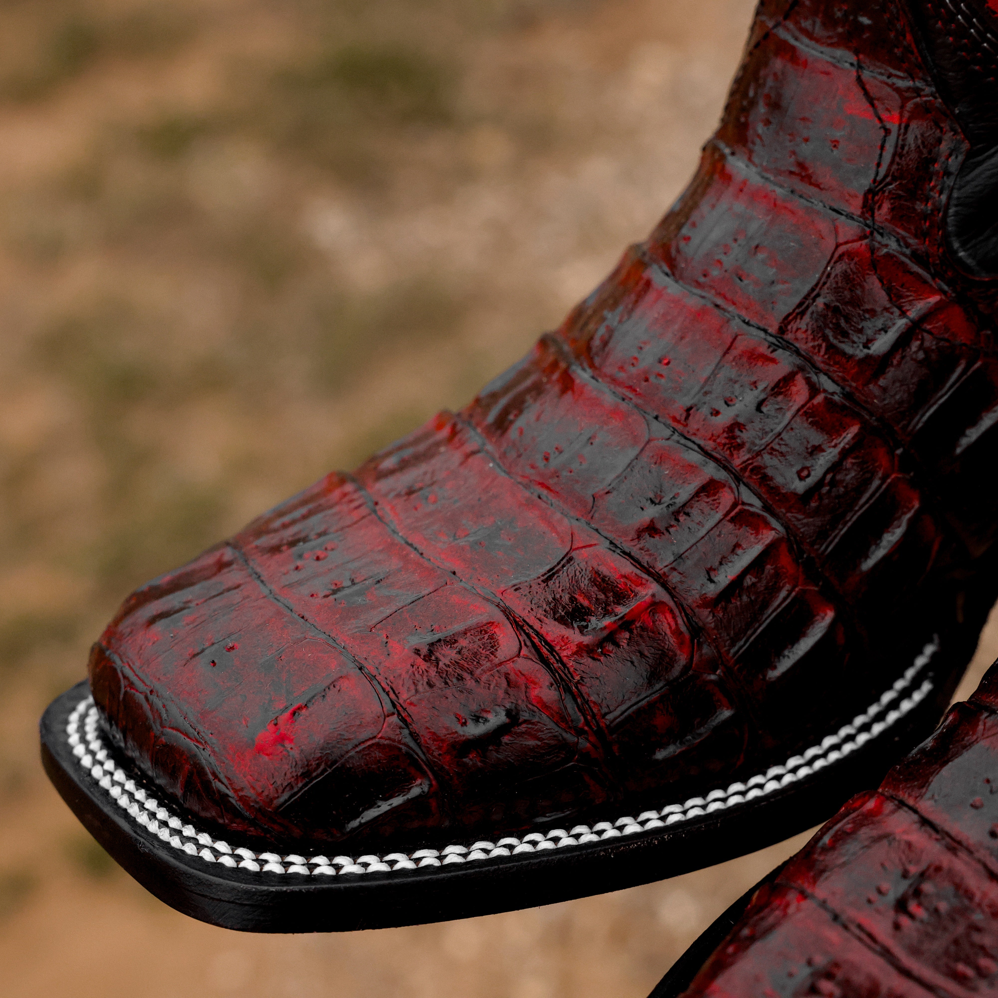 Black Cherry Caiman Hornback Leather Boots - Square Toe