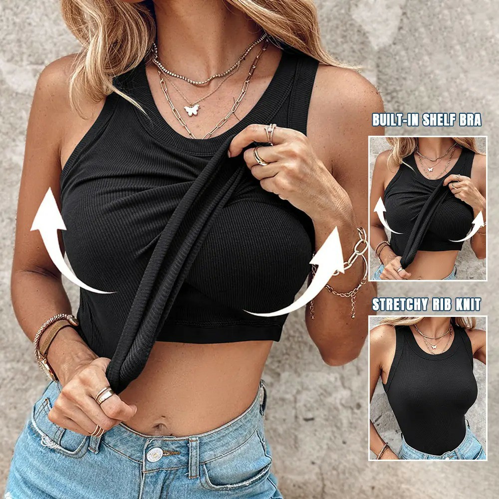 Seamless Ribbed Built-In Bra Racerback Tank Top for Women