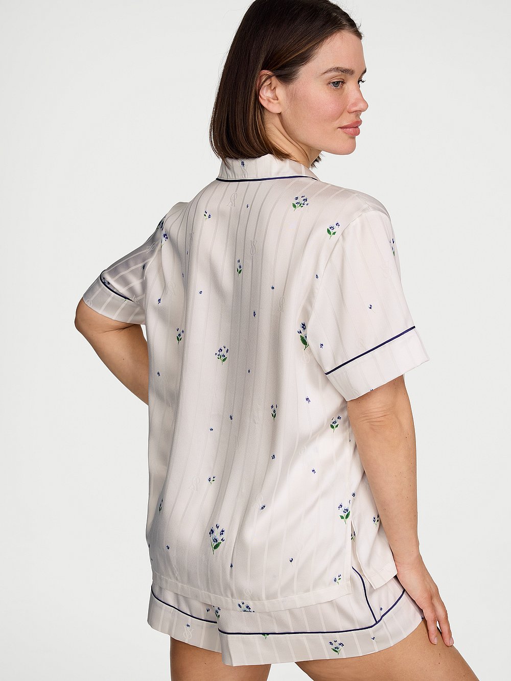 Signature Satin Short Pajama Set Coconut White Floral