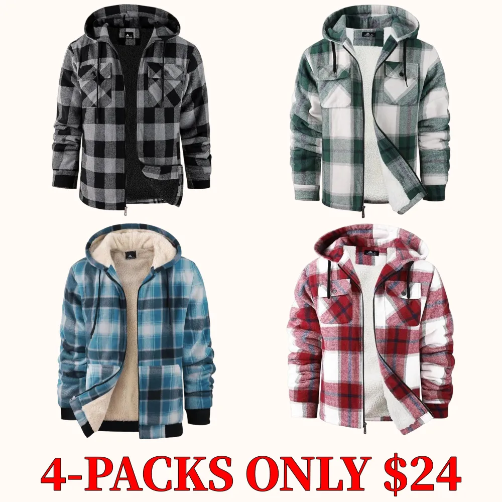 Men's thickened plaid fleece hooded jacket, warm winter jacket with sherpa lining and full zipper closure
