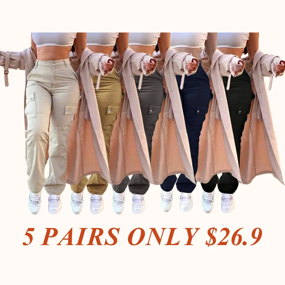 Women's Plain Pocket Button Fly Cargo Pants, Casual Streetwear Solid Color Trousers for Daily Wear