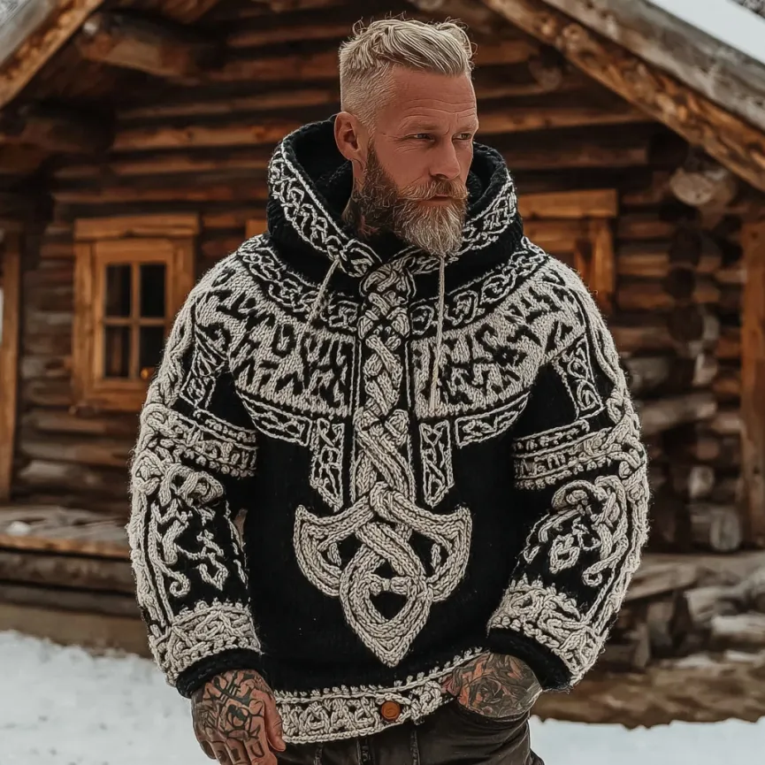 Men's Vintage Viking Celtic Pattern Art Knit Hooded Sweater