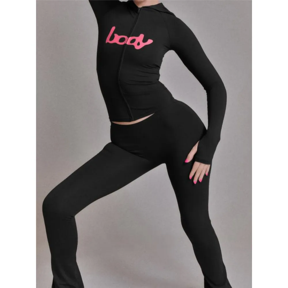 Women's Fall Winter Hooded Letter Print Zipper Jacket and Pants Set