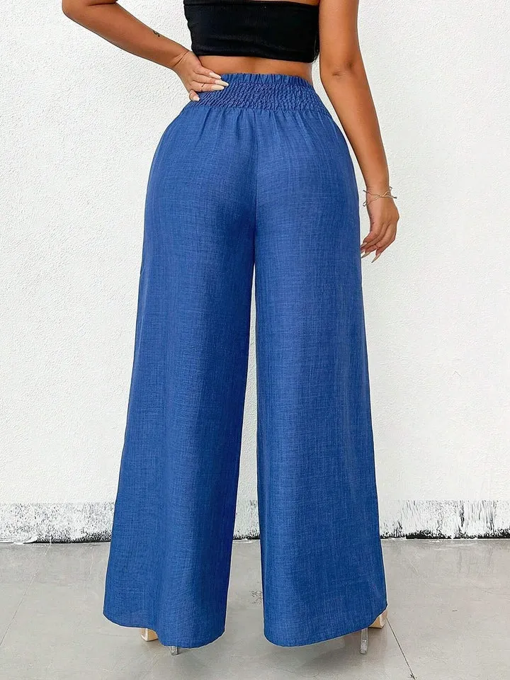 Women's Solid Color High-Waisted Pants, Stretchable Loose-Fitting Wide-Leg Trousers