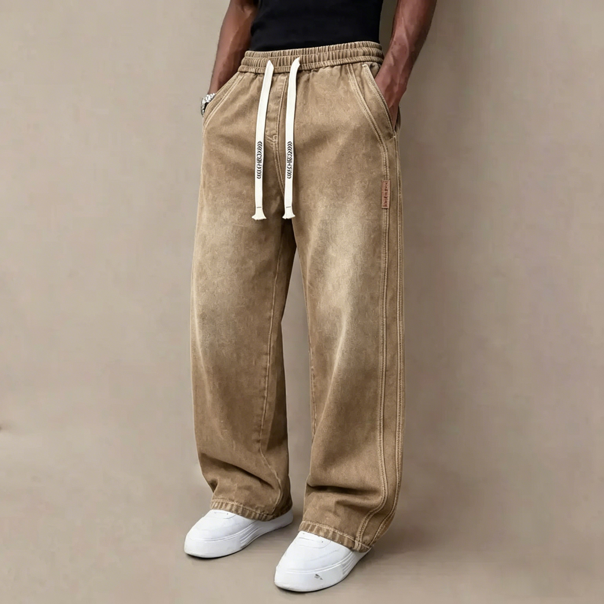 Men's Stretch Denim Jeans – Vintage Washed Straight Leg with Drawstring Waist