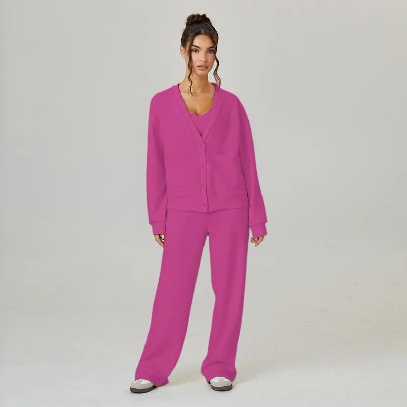 Women's Slouchy Solid Color V Neck Long Sleeve Button Cardigan & Drawstring Waist Trousers Co-ord