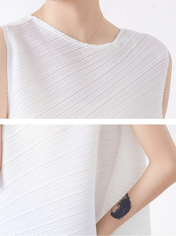 Simple Loose Sleeveless Pleated Asymmetric Solid Color Round-Neck Vest Top