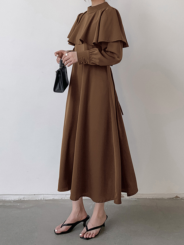 Ruffle Trim Solid Color Tied Waist A-Line Long Sleeves Mock Neck Midi Dresses
