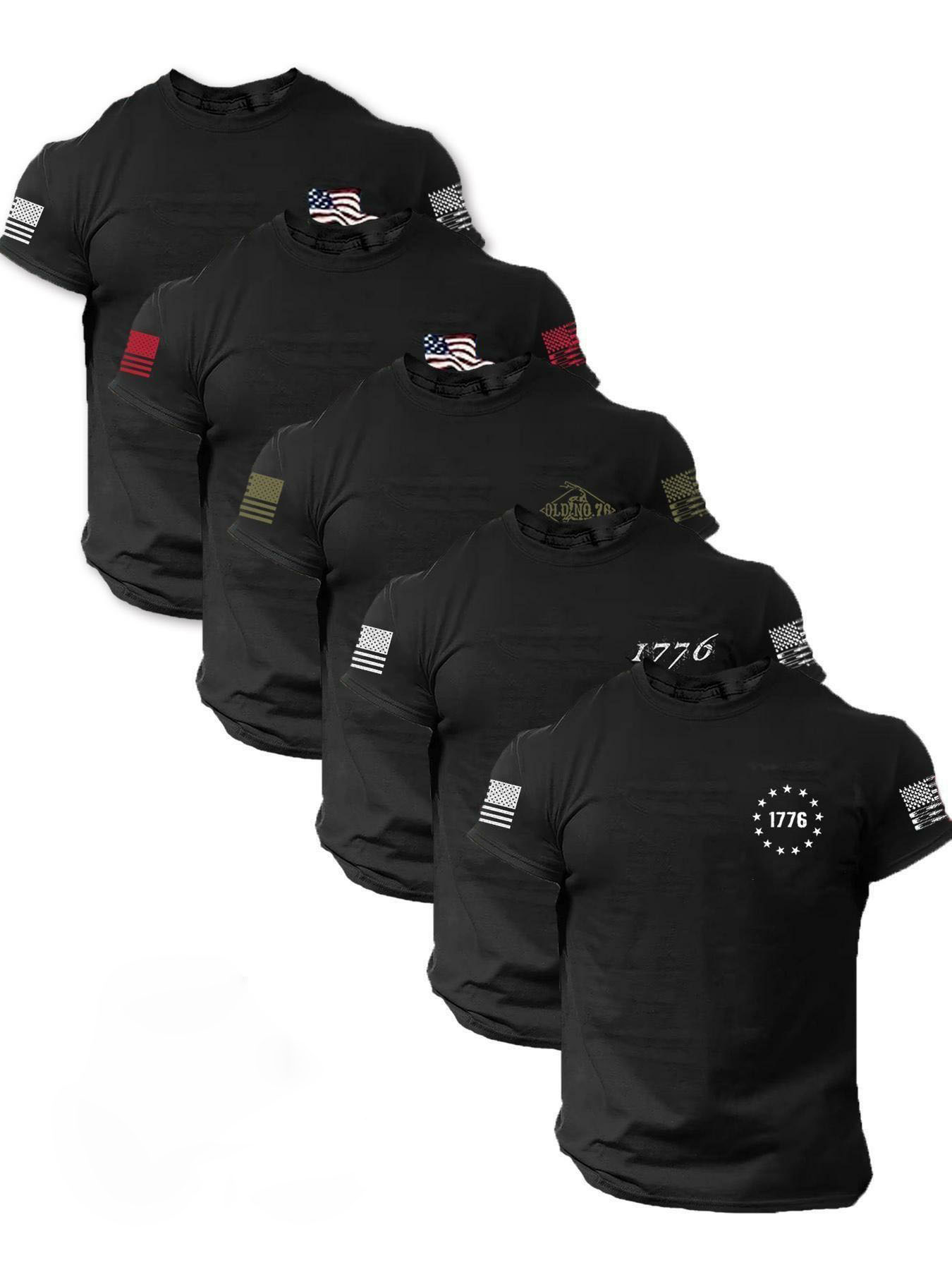 Men's 5-Pack Flag Print T-Shirts – Fitted Short Sleeve Casual Summer Tees