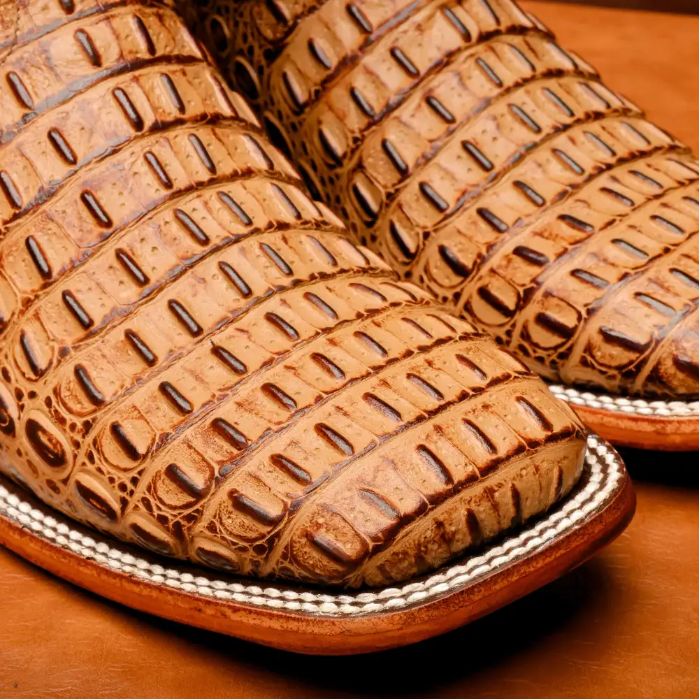 Honey Caiman Hornback Leather Boots - Square Toe