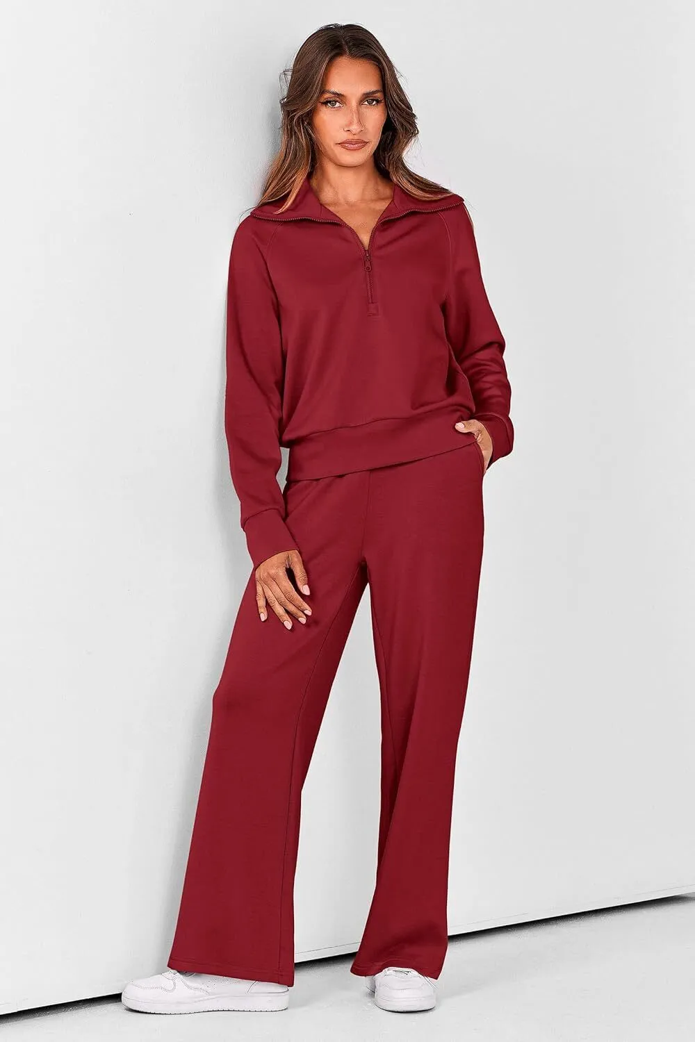🔥Final Day Clearance!🛒Women's 2 Piece Outfits Casual Lapel Half Zip Sweatshirts And Wide Leg Pants Tracksuit Sets