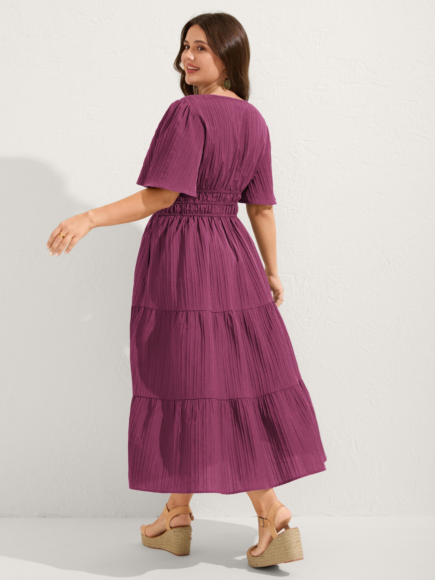 Textured Shirred Cinched Waist Maxi Dress