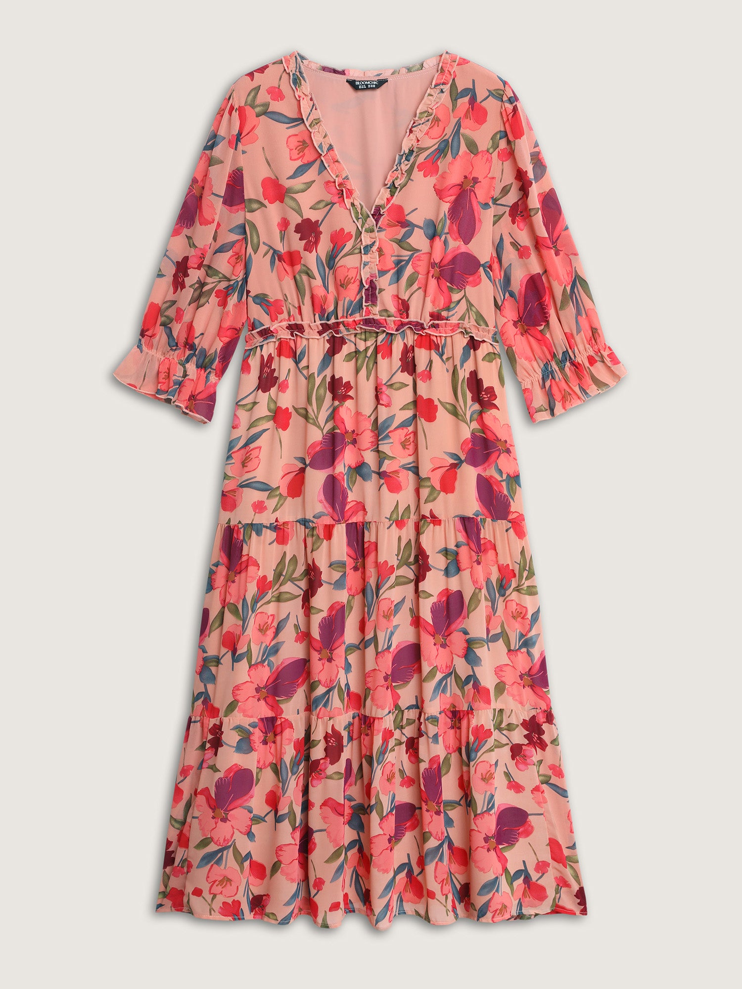 Romantic Floral Print Ruffled Edge Maxi Dress