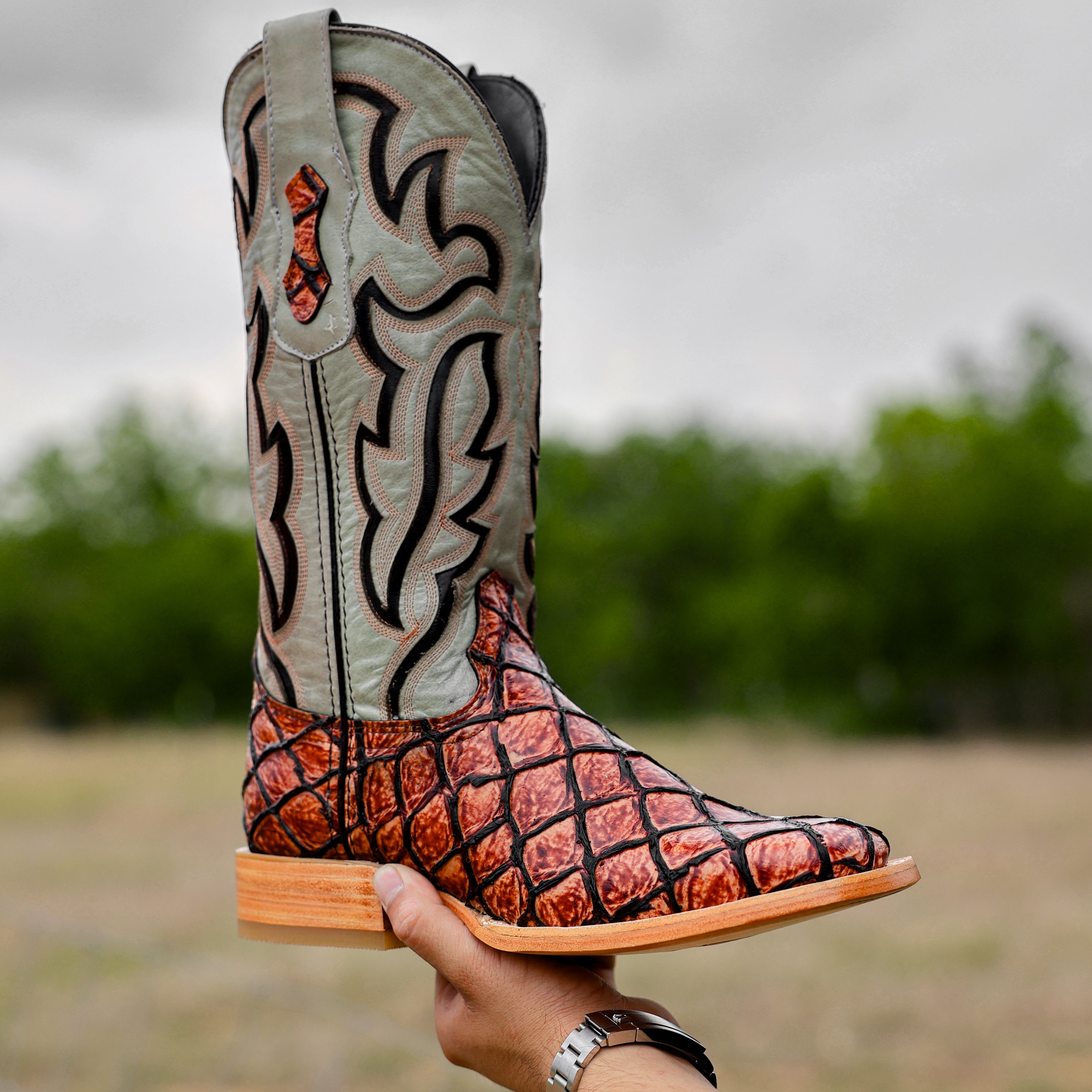 Cognac Pirarucu Leather Boots - Square Toe