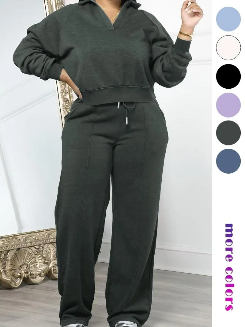 Women's Solid Long Sleeve Sweatshirt & Drawstring Waist Pants Set