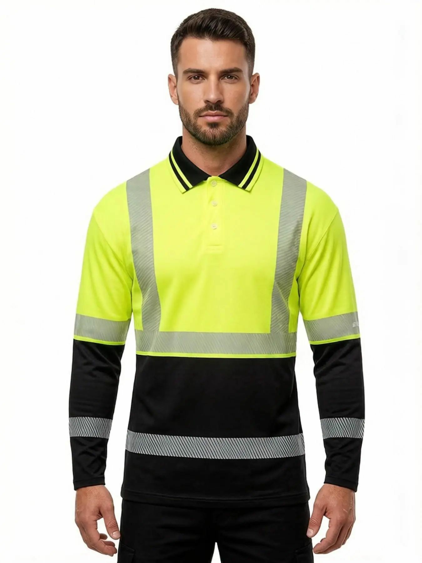 Men's casual autumn and winter tooling printed long-sleeved POLO shirt - contrasting color design, orange, black and neon green optional(ANSI/ISEA 107)