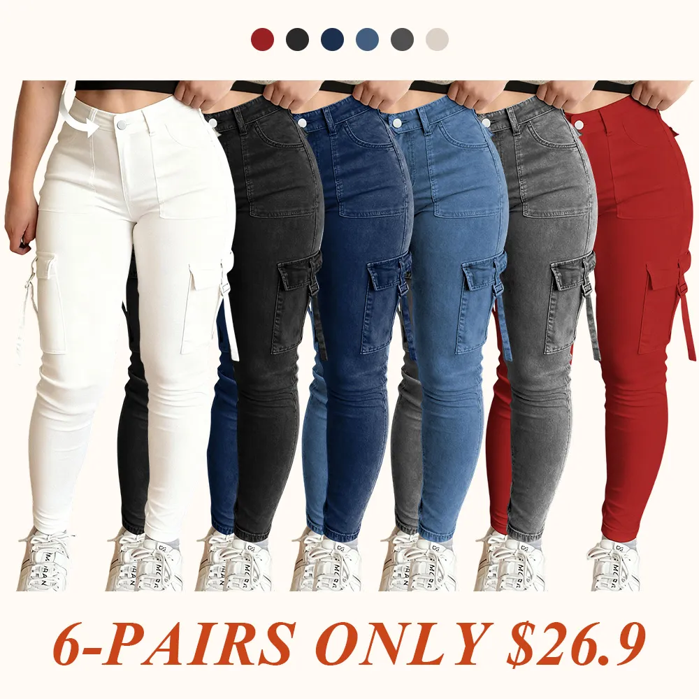 Women's Plain Multi-pocket Denim Cargo Pants